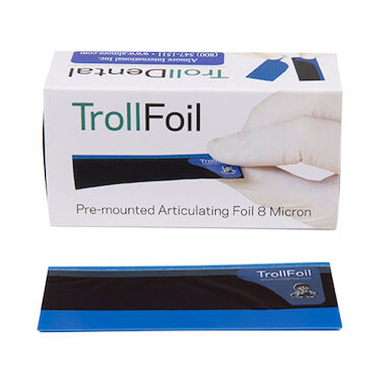 Troll Foil Double-Sided Articulating Foil, Blue, 100/Pk. Mounted in its frame, no forceps needed