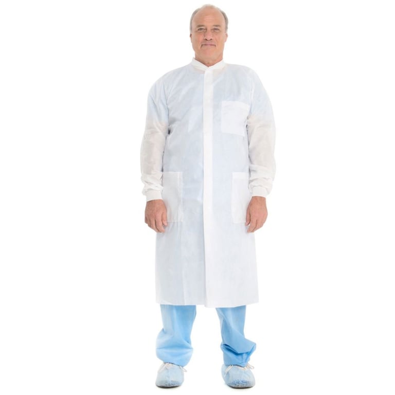 Halyard Basic Plus Lab Coat, Small, White, 25/Box. Features protective 3-layer SMS fabric for low