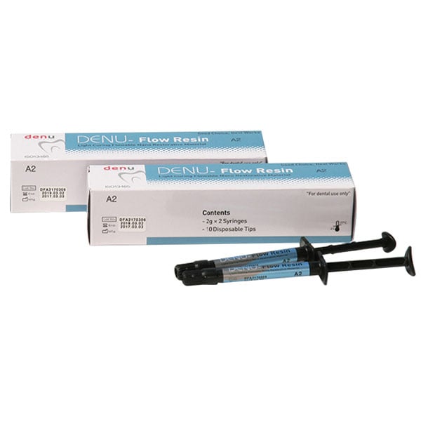 Denu Flow Resin - A2 Syringe, 2 x 2 Gm. Light cured flowable composite resin with nano hybrid