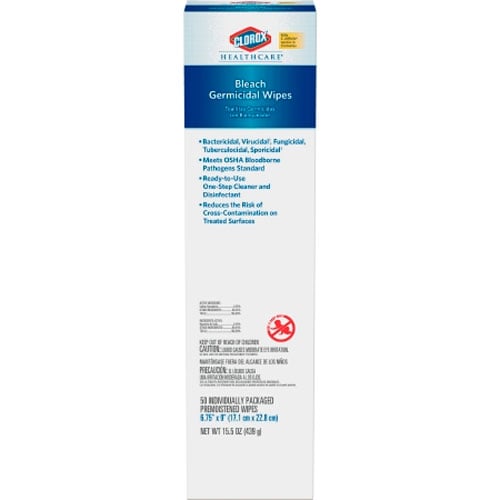 Clorox Bleach Germicidal Wipes 6.75" x 9". 50/can, 6 cans/bx. EPA registered to kill a total of 58