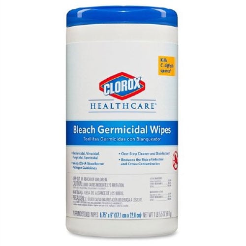 Clorox Germicidal Wipes with Bleach, 6.75" x 9", 70/Can- 6/cs. Contains 0.55% bleach and kill TB