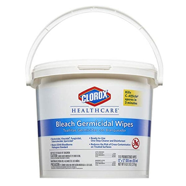 Clorox Germicidal Wipes with Bleach, Pre-Moisted Wipes, 110/Bucket. 2 buckets/case 12" x 12"