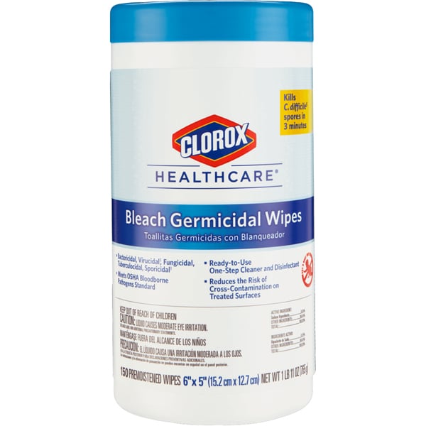 Clorox HealthCare Clorox Germicidal Disinfectant Cleaner with Bleach, Pre-Moisted Wipes, 150/Can