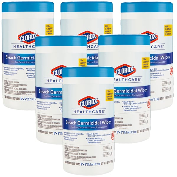 Clorox HealthCare Clorox Germicidal Pre-Moistened Wipes 6" x 5" with Bleach, 6 x 150/Can. Contains