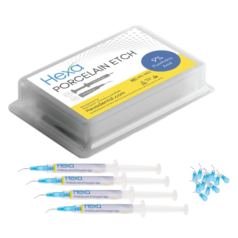 Hexa 9% Hydrofluoric Acid Porcelain Etch, 2 mL Syringe, 4/Pk. Includes 8 pre-bent tips. Ensures