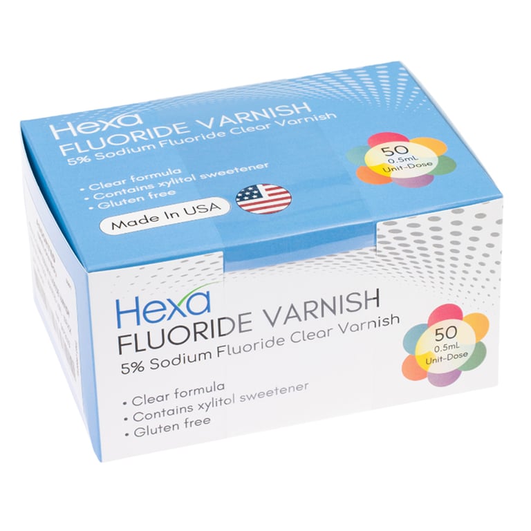 Hexa 5% Sodium Fluoride Clear Varnish, Bubble Gum, 0.5 mL Unit Dose, 50/Box. Clear formula