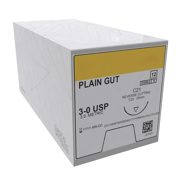 House Brand 3/0, 27" Plain Gut Suture with C-6 Reverse-cutting 19mm Needle (3/8 Circle), Box of 12