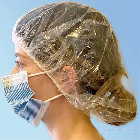 House Brand Bouffant Caps - Clear 100/Pk. Level 1 waterproof lightweight PEVA material