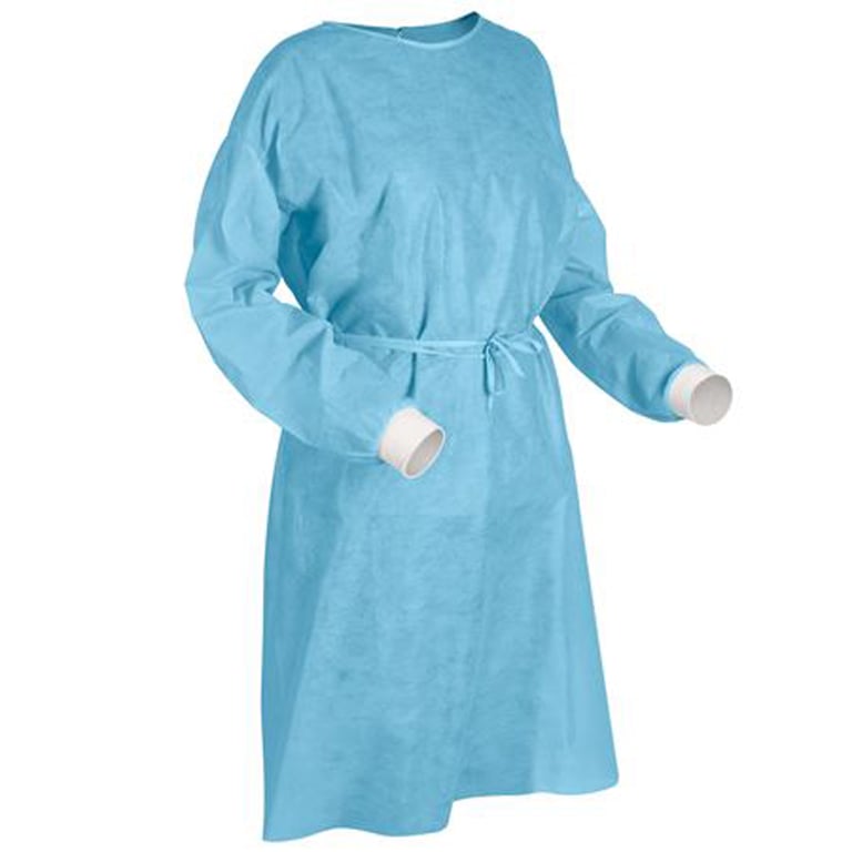 House Brand Isolation Gown with Knit Cuff - Blue, one size fits all. Package of 50 gowns