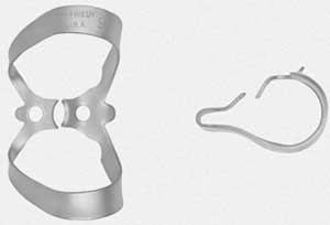 Hu-Friedy Satin Steel #9 Anterior satin steel rubber dam clamp, single clamp. Offset flat jaws