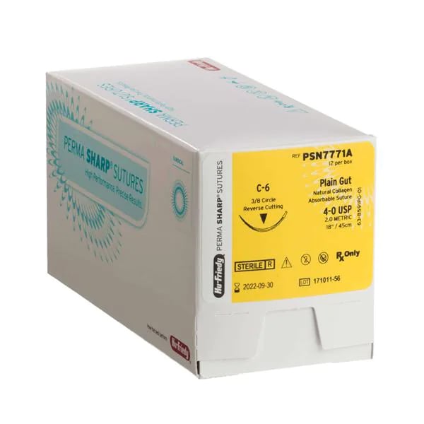 Perma Sharp 4/0, 18" Plain Gut absorbable suture with reverse-cutting C-6 needle (3/8 circle), box