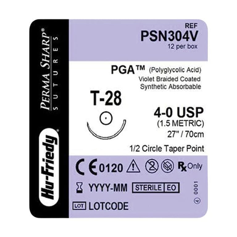 Perma Sharp 4/0 27" Coated PGA Violet Braided Absorbable Suture with T-28, 1/2 Circle Needle