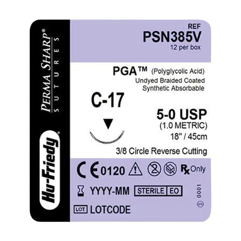 Perma Sharp 5/0 18" Undyed Braided Absorbable Suture with C-17 Needle, 12/Pk. Made from stainless