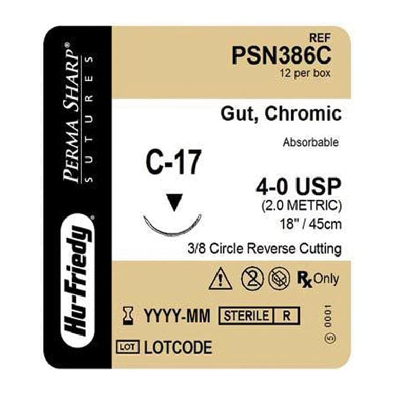 Perma Sharp 4/0 18" Chromic Gut Absorbable Suture with C-17 Needle, 12/Pk. Made from stainless