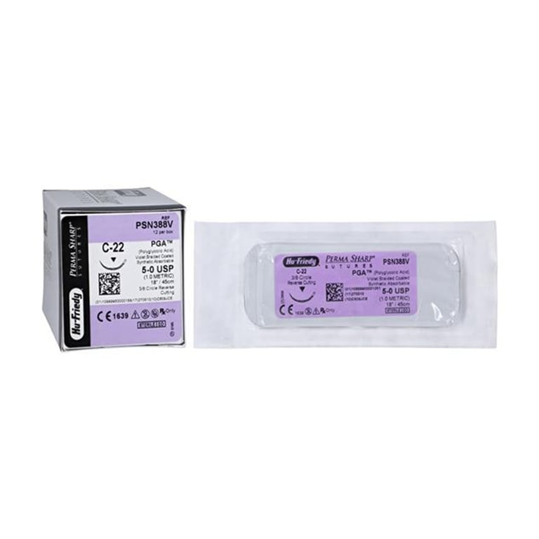 Perma Sharp 5/0 18" Coated PGA Violet Braided Absorbable Suture with C-22, 3/8 Circle Needle