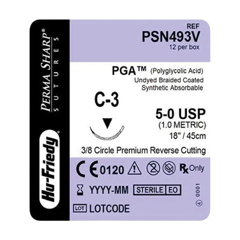 Perma Sharp 5/0 18" Undyed Braided Absorbable Suture with C-3 Needle, 12/Pk. Made from stainless