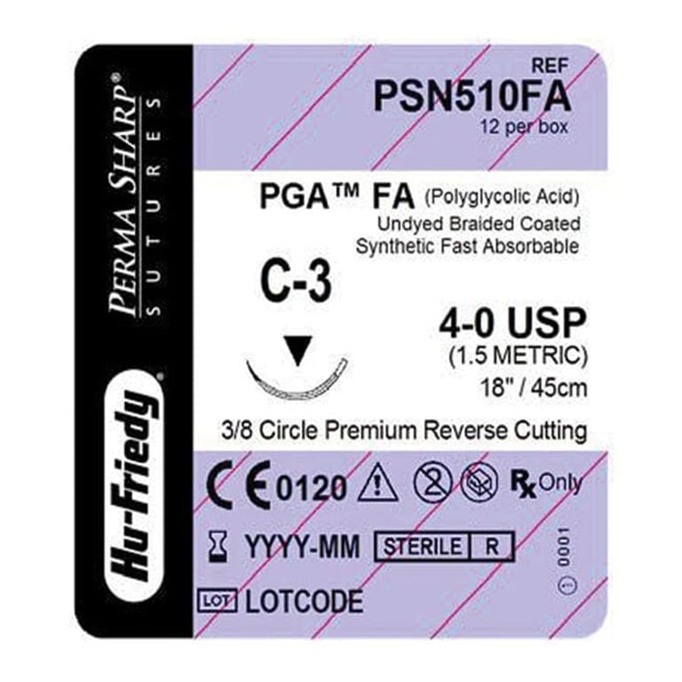 Perma Sharp 4/0 18" Undyed PGA Fast Absorbable Suture with C-3 Needle, 12/Pk. Made from stainless