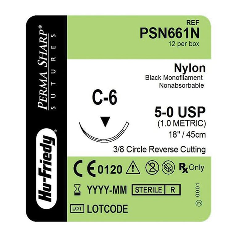Perma Sharp 5/0 18" Black Nylon Suture with C-6 Needle, 12/Pk. Made from stainless steel alloy