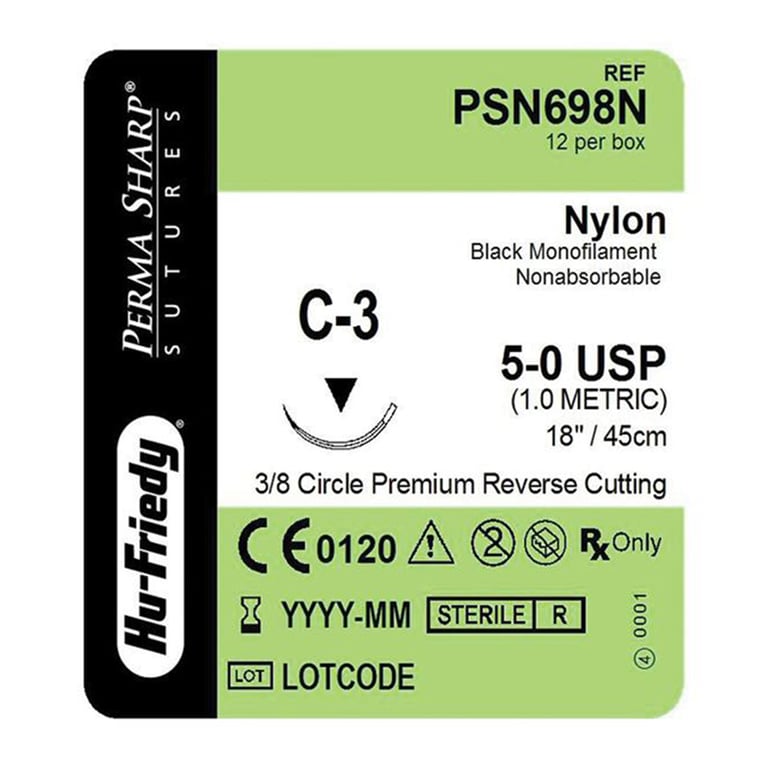Perma Sharp 5/0 18" Black Nylon Suture with C-3 Needle, 12/Pk. Made from stainless steel alloy