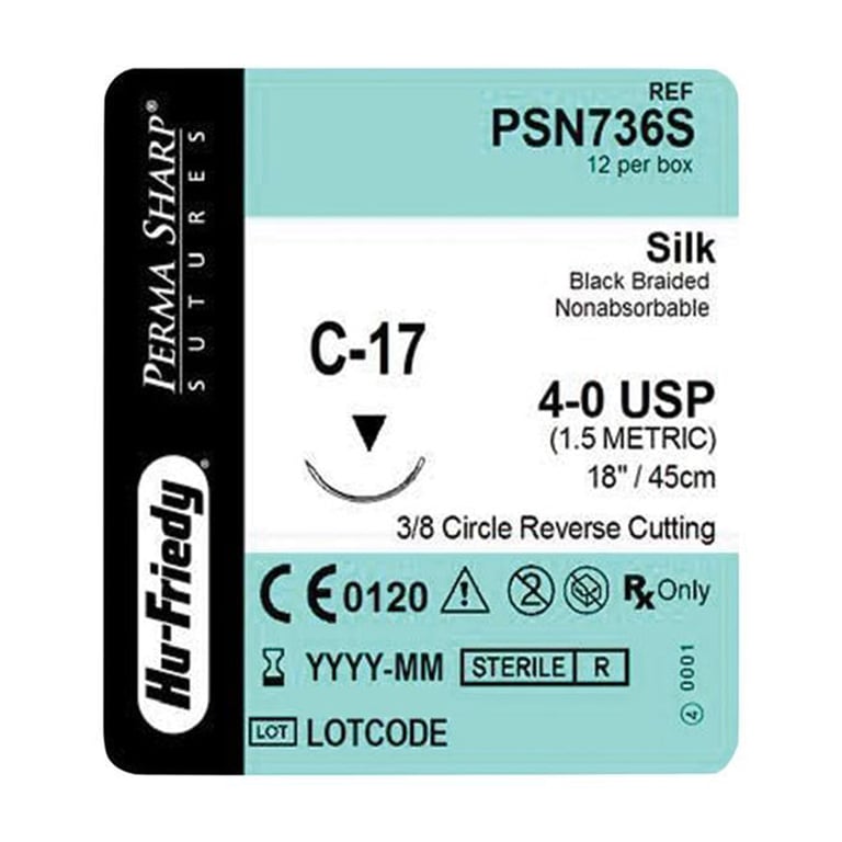 Perma Sharp 4/0 18" Silk Black Braided Suture with C-17 Needle, 12/Pk. Made from stainless steel