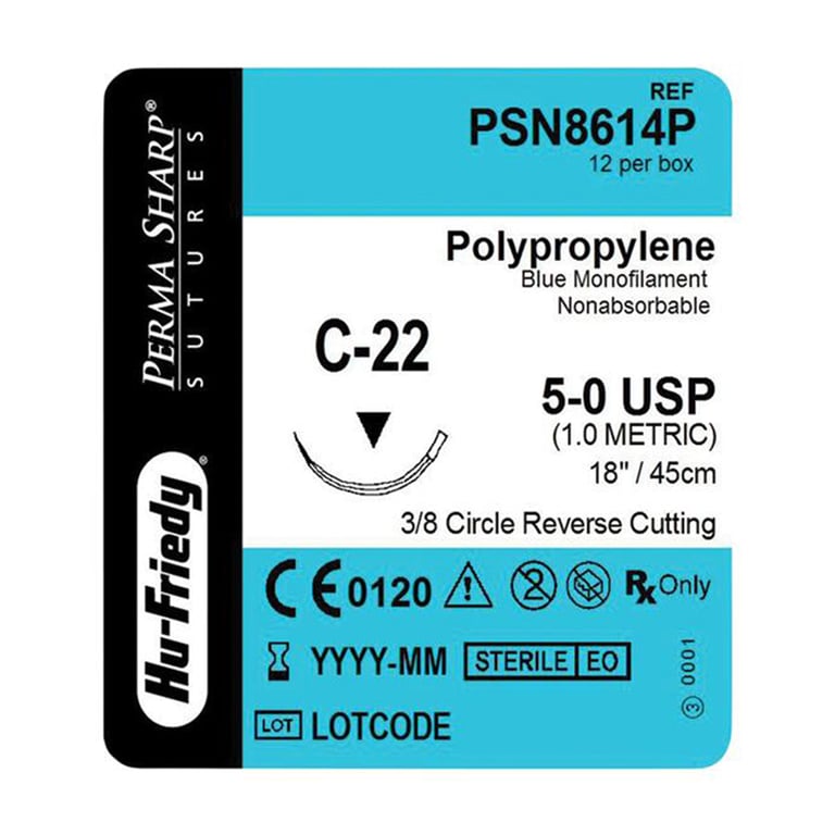 Perma Sharp 5/0 18" Polypropylene Blue Suture with C-22, 3/8 Circle Needle, 12/Pk. Made