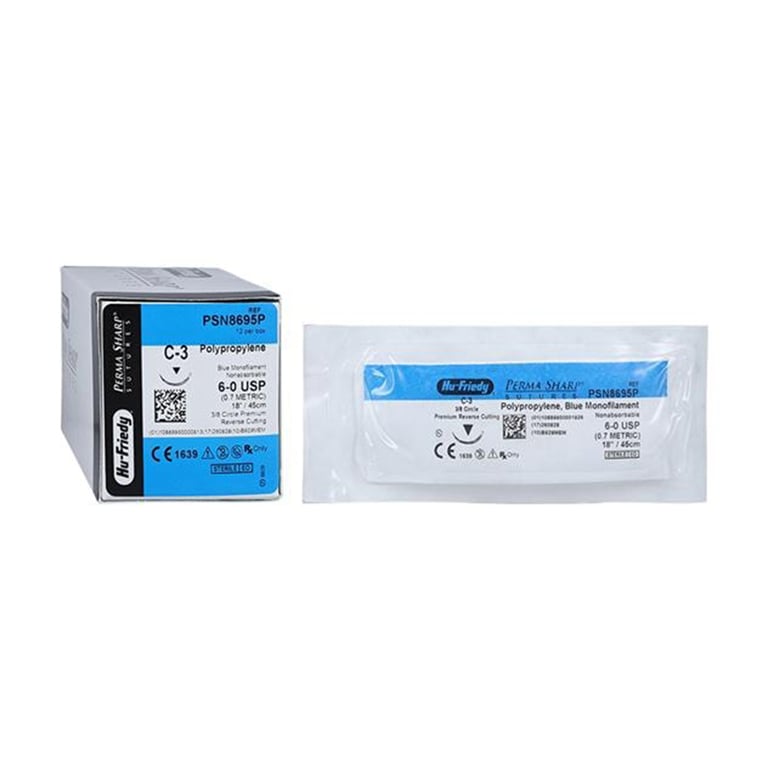 Perma Sharp 6/0 18" Polypropylene Blue Suture with C-3 Needle, 12/Pk. Made from stainless steel