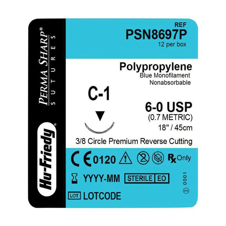 Perma Sharp 6/0 18" Polypropylene Blue Suture with C-1, 3/8 Circle Needle, 12/Pk. Made
