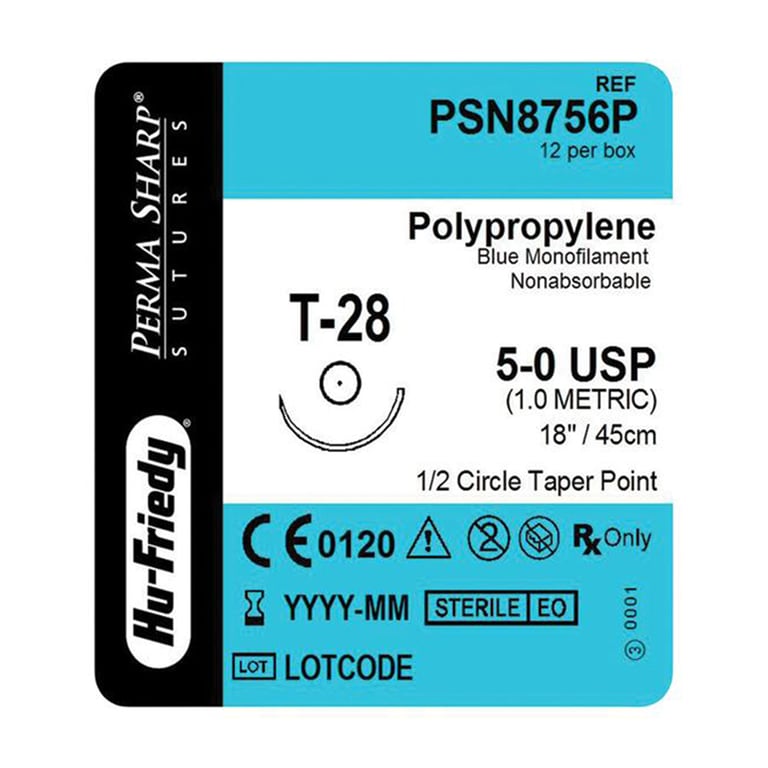 Perma Sharp 5/0 18" Polypropylene Blue Suture with T-28, 1/2 Circle Needle, 12/Pk. Made