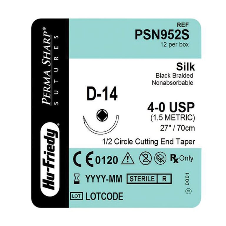 Perma Sharp 4/0 27" Silk Black Braided Suture with D-14, 1/2 Circle Needle, 12/Pk. Made