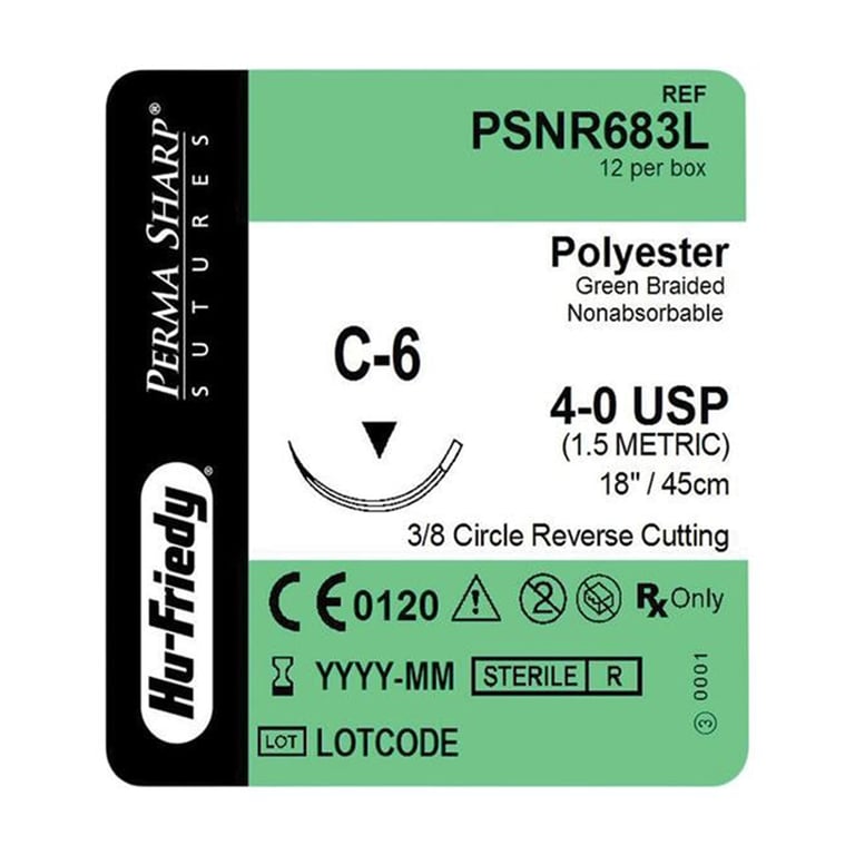 Perma Sharp 4/0 18" Polyester Green Braided Suture with C-6 Needle, 12/Pk. Made from stainless