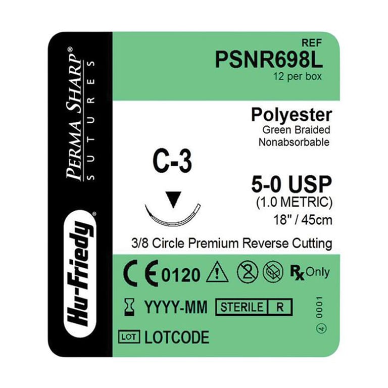 Perma Sharp 5/0 18" Polyester Green Braided Suture with C-3 Needle, 12/Pk. Made from stainless