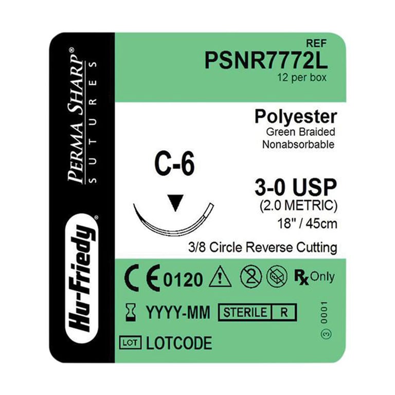 Perma Sharp 3/0 18" Polyester Green Braided Suture with C-6 Needle, 12/Pk. Made from stainless