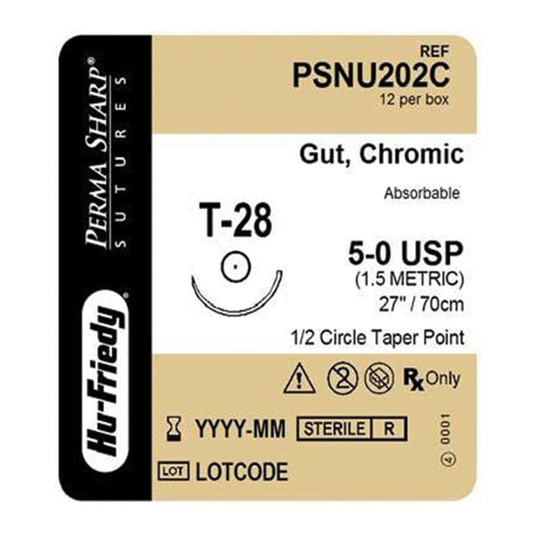 Perma Sharp 5/0 27" Chromic Gut Suture with T-28, 1/2 Circle Needle, 12/Pk. Made from stainless