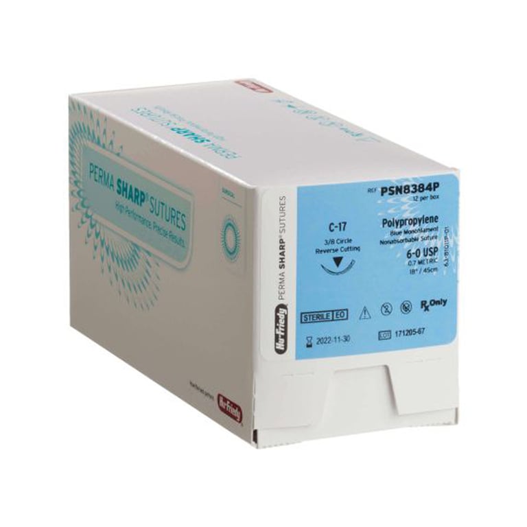 Perma Sharp 6/0, 18" Polypropylene Monofilament Suture, C-17 12 mm Needle, 12/Box. 3/8 circle