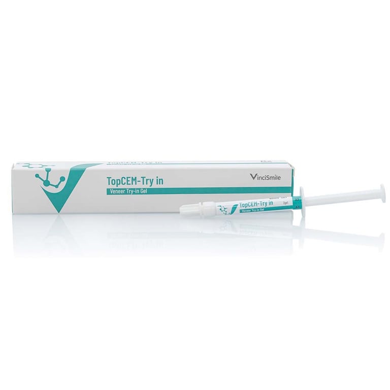 TopCEM Veneer Try-In Gel, A1, 2g Syringe, 1/Pk. Includes: 10 tips. Designed to evaluate shade