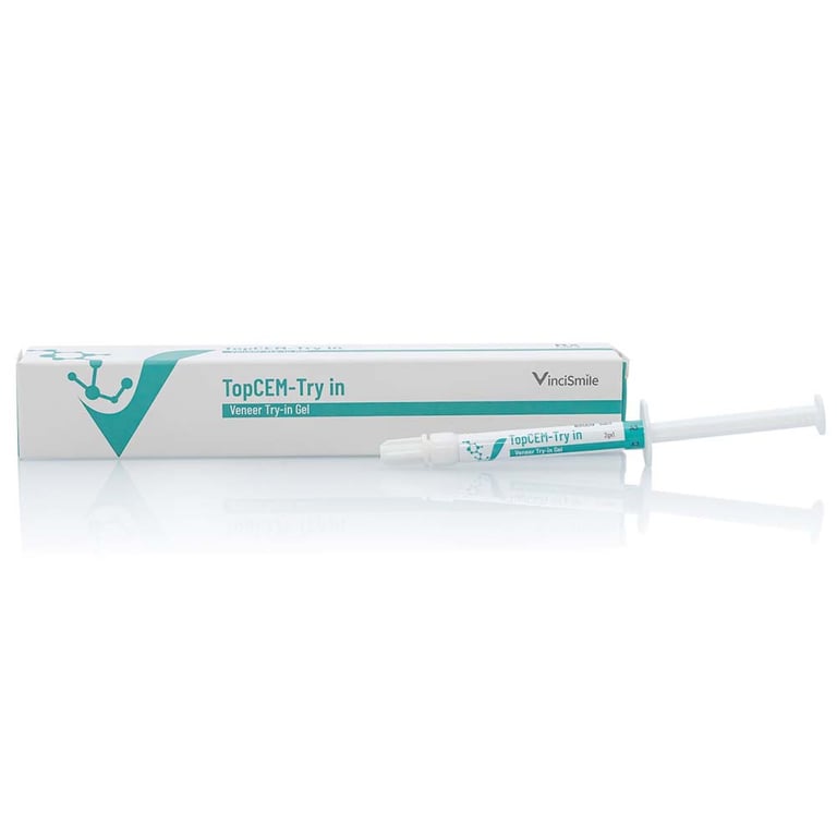 TopCEM Veneer Try-In Gel, A3, 2g Syringe, 1/Pk. Includes: 10 tips. Designed to evaluate shade