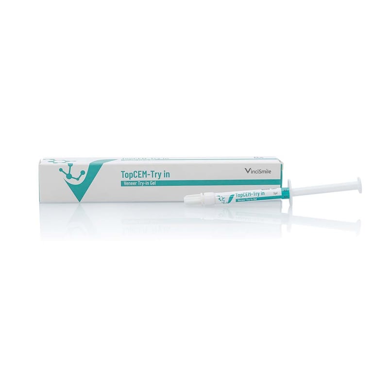 TopCEM Veneer Try-In Gel, Translucent, 2g Syringe, 1/Pk. Includes: 10 tips. Designed to evaluate