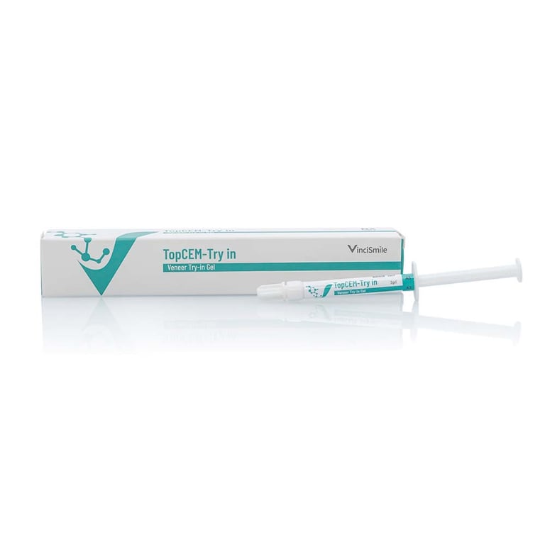 TopCEM Veneer Try-In Gel, White Opaque, 2g Syringe, 1/Pk. Includes: 10 tips. Designed to evaluate