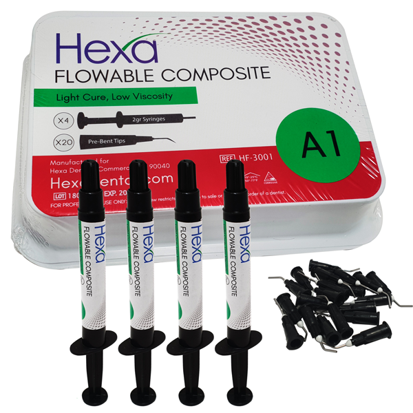 Hexa Flowable Composite A1 - 4 x 2 gm syringes and 20 bent Tips. Light cure, low viscosity