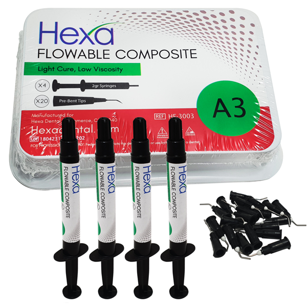 Hexa Flowable Composite A3 4 x 2 gm syringes and 20 bent tips. Light