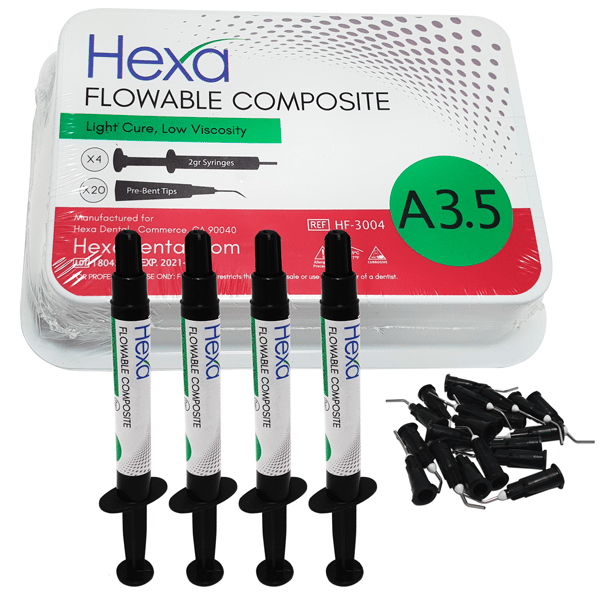 Hexa Flowable Composite A3.5 - 4 x 2gm syringes and 20 bent tips. Light cure, low viscosity