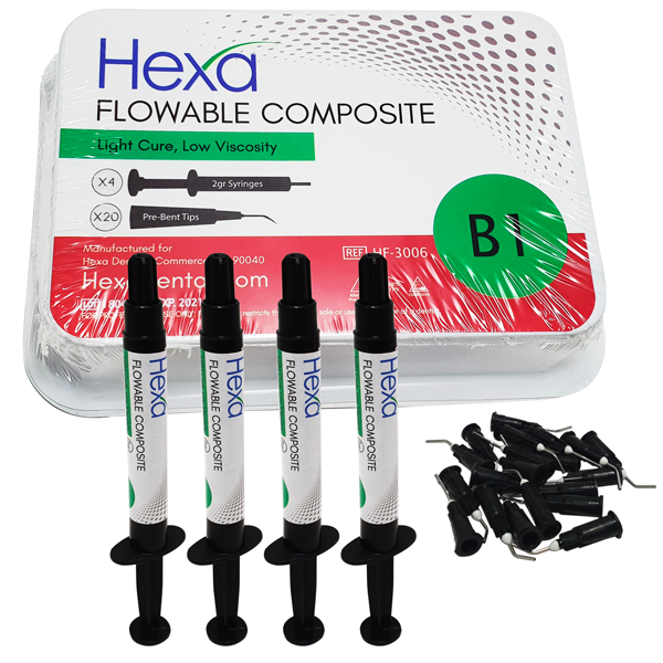 Hexa Flowable Composite B1 4 x 2gm syringes and 20 bent tips. Light