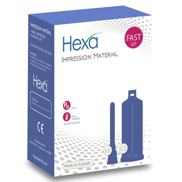 Hexa VPS Impression Material, Heavy Body, Fast Set, 2 - 50 ml cartridges & 6 mixing tips. Working