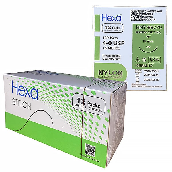 Hexa 4/0, 18" Nylon Black Monofilament Sutures with C6 Reverse Cutting Needle, 12/Box
