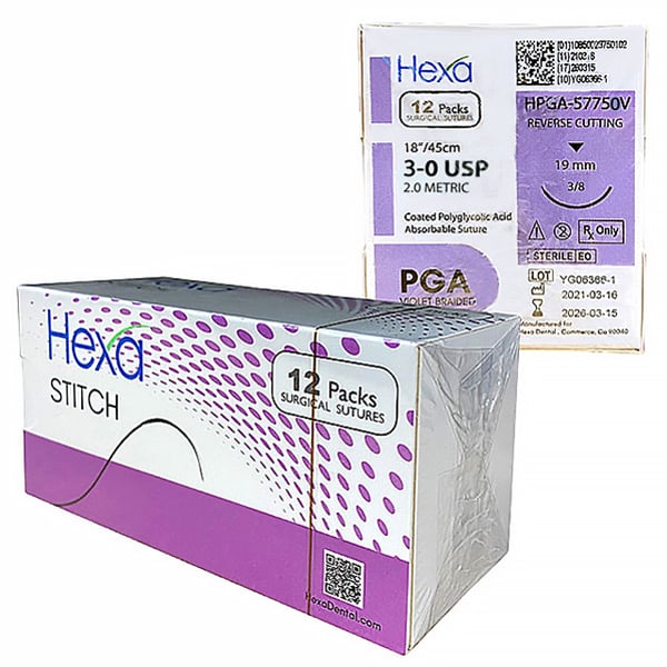 Hexa 3/0, 18" PGA Violet Braided Sutures with C6 Reverse Cutting Needle, 12/Box, Absorbable, 3/8