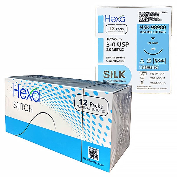Hexa 3/0, 18" Silk Black Braided Sutures with C6 Reverse Cutting Needle, 12/Box, Non-absorbable