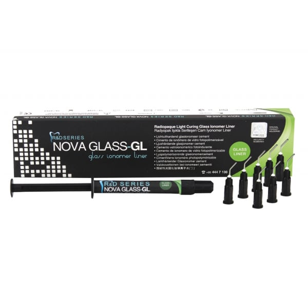 Nova Glass GL Radiopaque Light Curing Glass Ionomer Liner 2g Sryinge is a glass ionomer-based