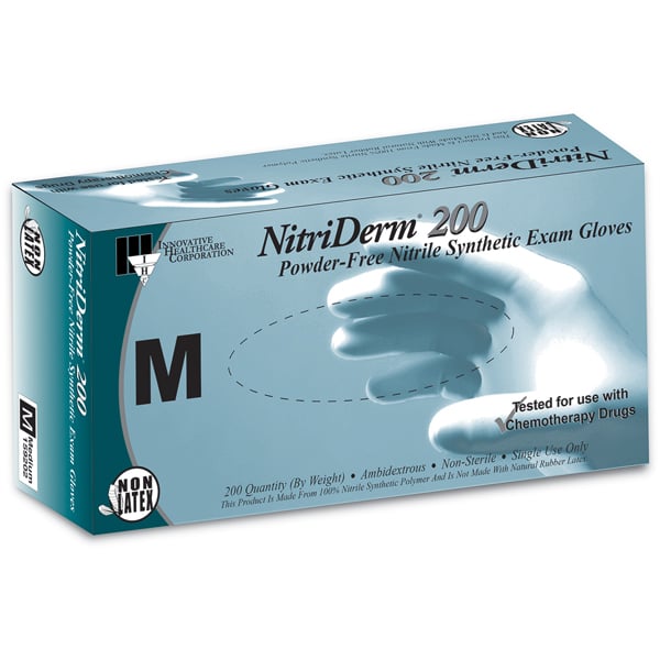 Nitriderm 200 Nitrile Exam Gloves - Blue MEDIUM 200/Box. Textured finish, powder-free, latex-free