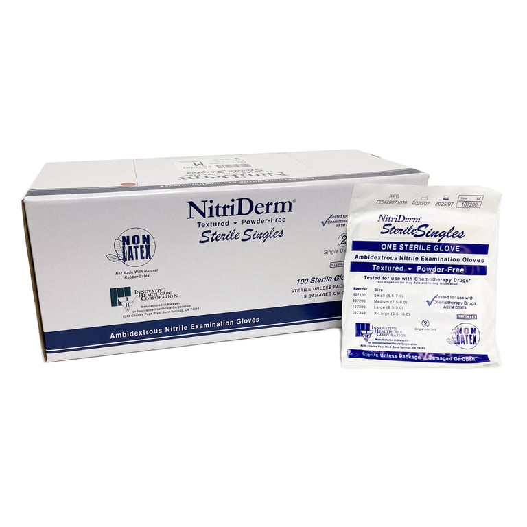 NitriDerm Textured Powder-Free Nitrile Examination Gloves, Medium, Singles, 100/Pk. Sterile