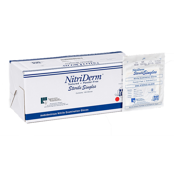 NitriDerm Nitrile Gloves: Sterile MEDIUM 50 Pair/Box. Powder Free, Smooth, Box of 50 Pair Medium